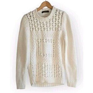 Zara Chunky Knit Sweater Men's Large Cream  Wool Blend Fisherman High Neck